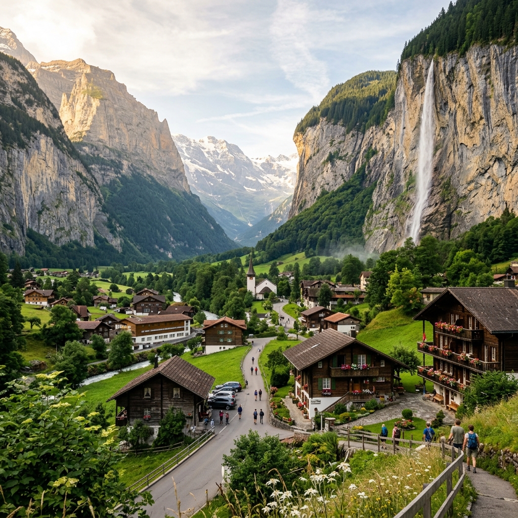 Lauterbrunnen valley floor showing the Staubbach Falls and green meadows