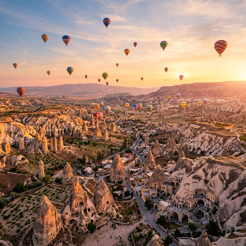 Numerous hot air balloons floating over the unique fairy chimney volcanic rock formations in Goreme